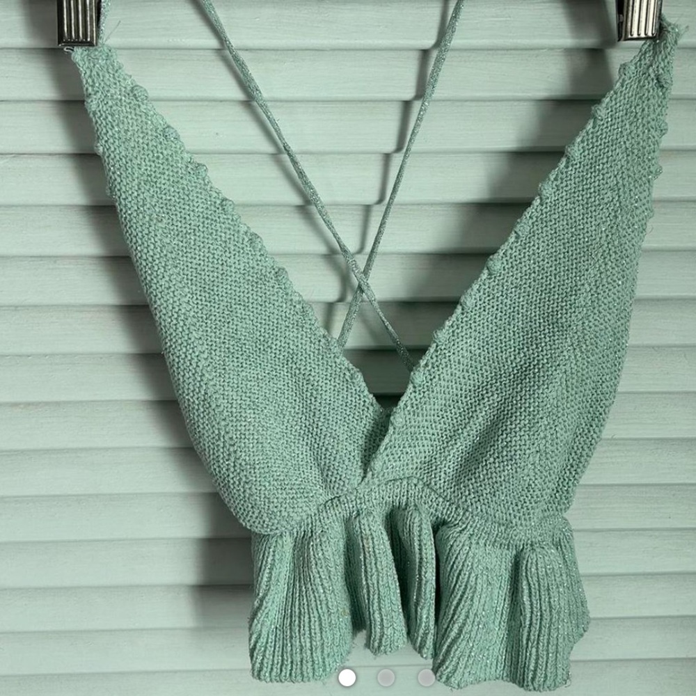 Glittery sparkle mint green teal sweater knit open lace up back tank top zara
